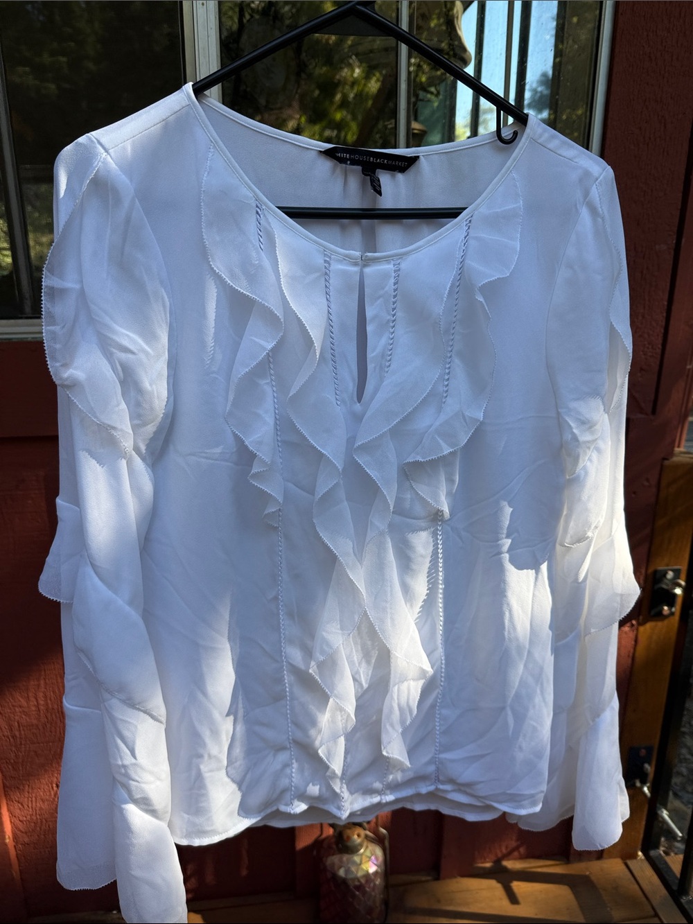 White House Black Market White Sheer Ruffle Front Long-Sleeve Blouse